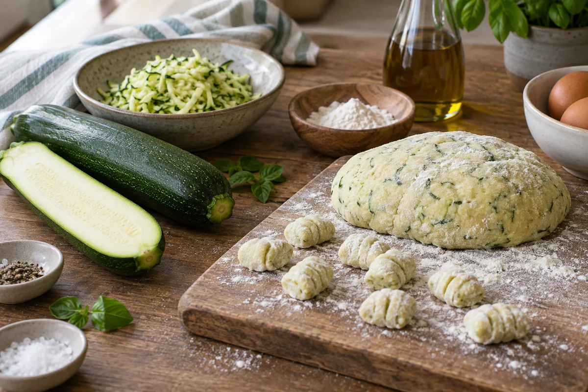 Two fresh green zucchini, one cut lengthwise to expose pale flesh, alongside pale gnocchi dough with delicate green flecks and a few uncooked dumplings.
