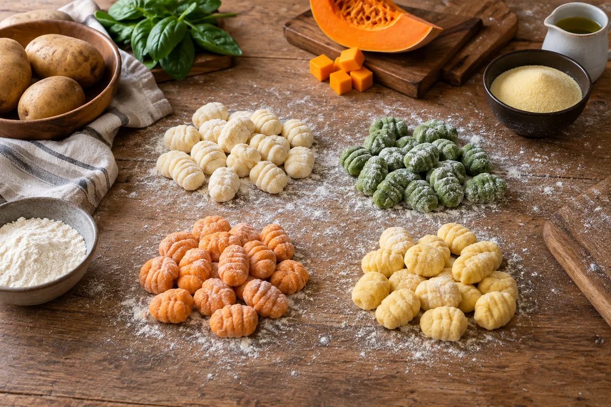 An inviting flour-dusted wooden kitchen workbench with four small distinct clusters of uncooked gnocchi: classic pale potato, green spinach, orange squash, and yellow semolina rounds, each kept separate; a few whole potatoes and a folded linen cloth.