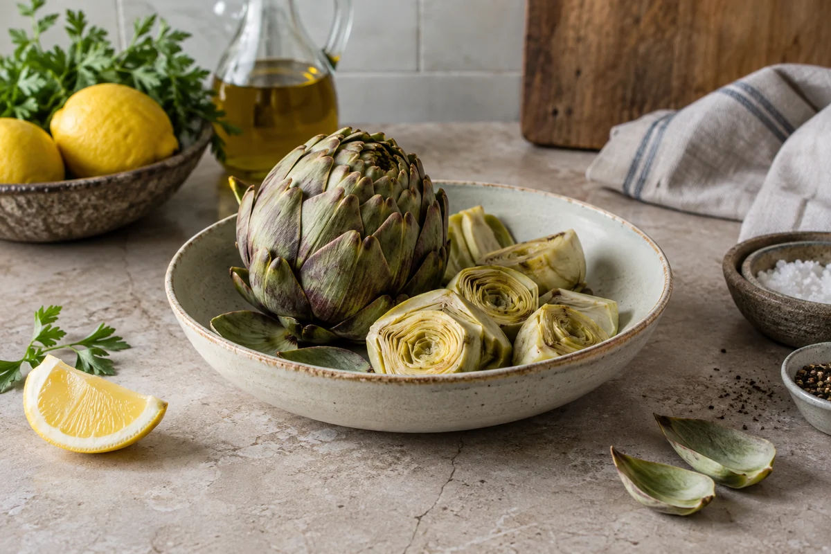 One whole artichoke and a few trimmed artichoke hearts in a shallow ceramic bowl, a lemon wedge on the counter, soft natural light.