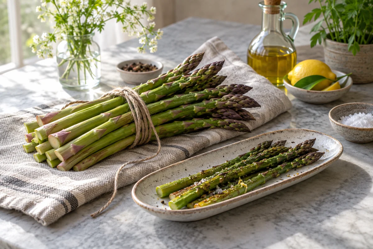 A bundle of fresh green asparagus with purple-tinged tips tied loosely with kitchen twine and a few roasted spears on a narrow ceramic dish.