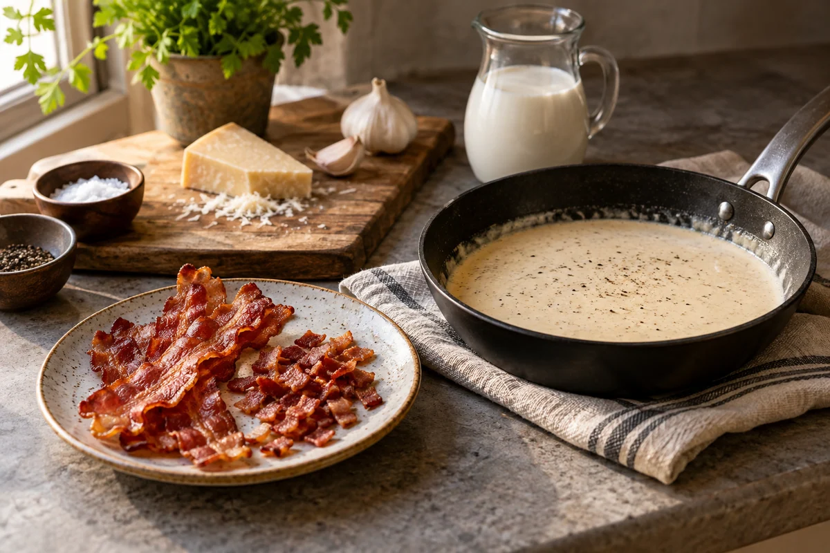 A few crisp cooked bacon strips and modest bacon pieces on a ceramic saucer beside a small skillet of cream sauce.
