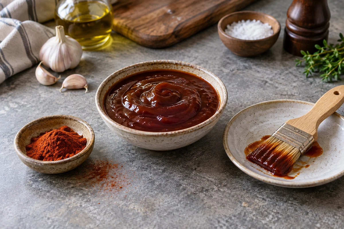 A small ceramic bowl of glossy dark reddish-brown barbecue sauce, a basting brush resting on a separate saucer and smoked paprika in a small dish nearby.