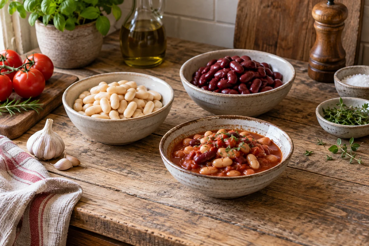 White and red beans in two small ceramic bowls, with a third modest bowl of beans in tomato sauce.