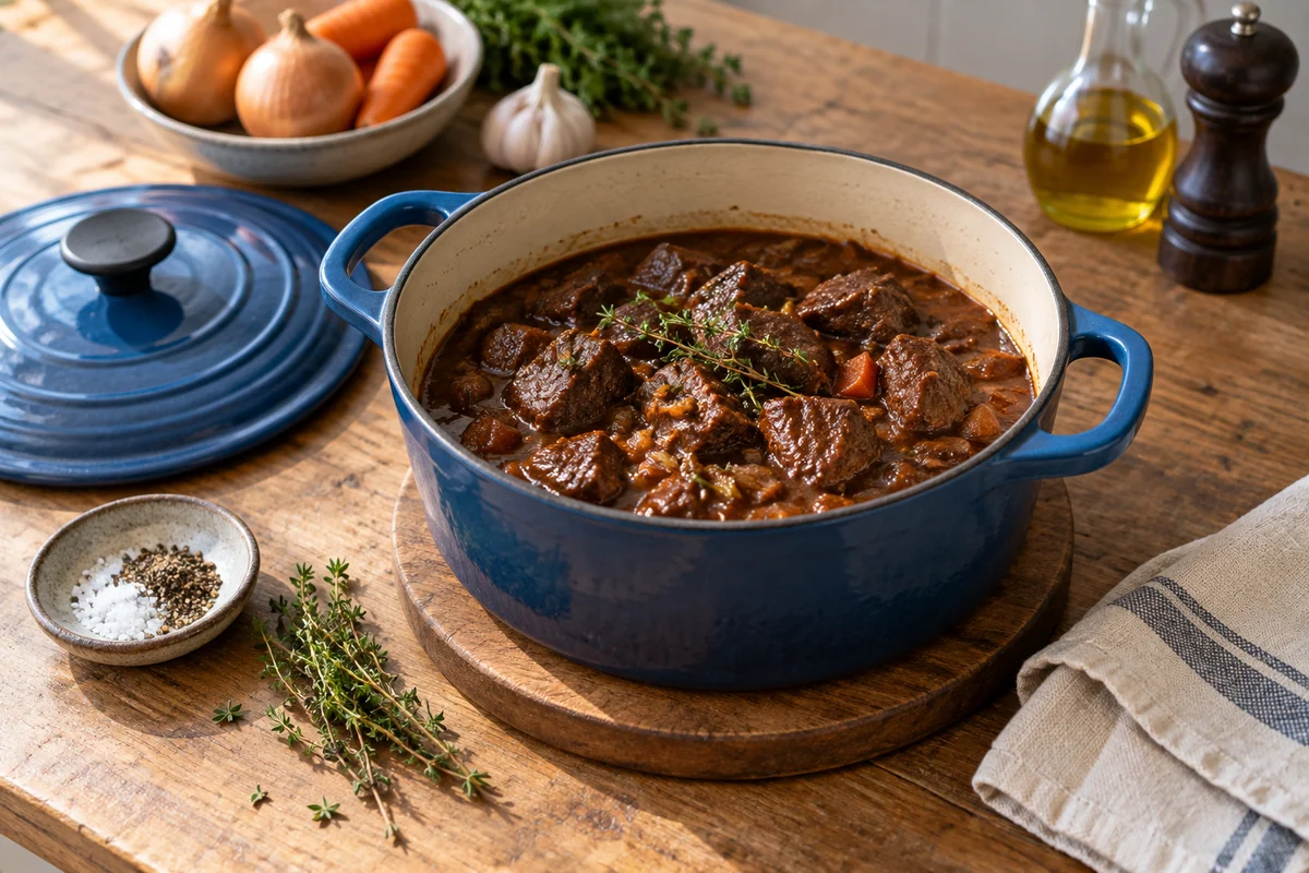 Tender pieces of braised beef in glossy brown sauce in a small Dutch oven resting on a wooden trivet.