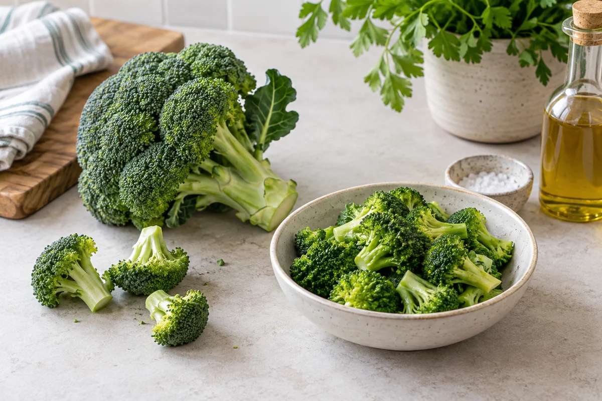 A bright fresh broccoli head, a few cut florets and a small bowl of tender cooked broccoli with a light sheen on a pale kitchen worktop.
