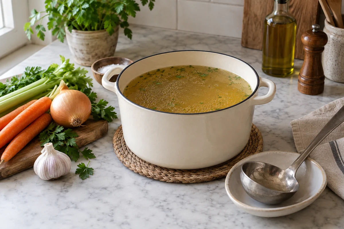 Golden clear broth in a modest enamel pot resting on a trivet, a ladle in a ceramic spoon rest and a few whole soup vegetables nearby.