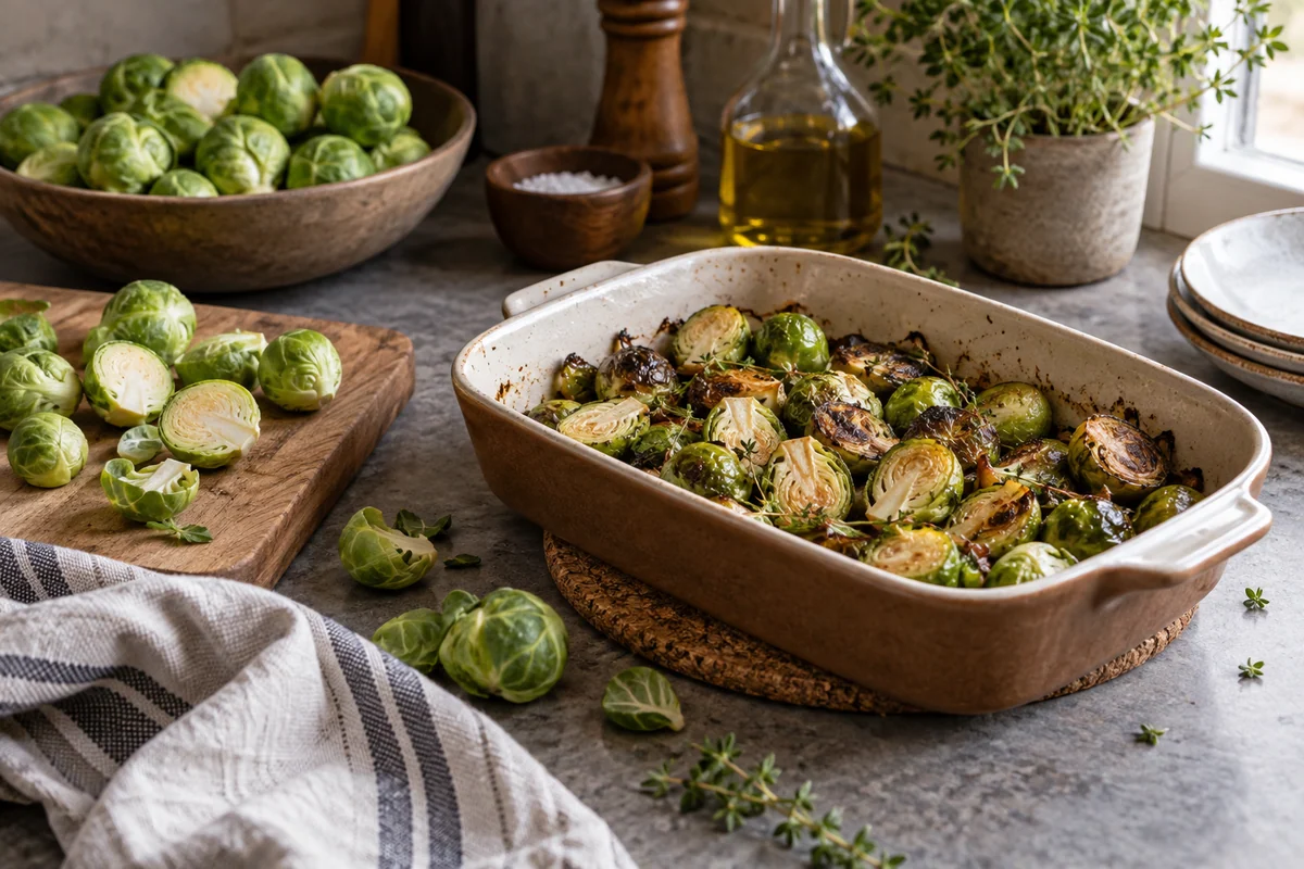 Fresh Brussels sprouts, some halved, beside a shallow roasting dish of browned sprouts resting on a cork trivet, muted autumn kitchen colors.