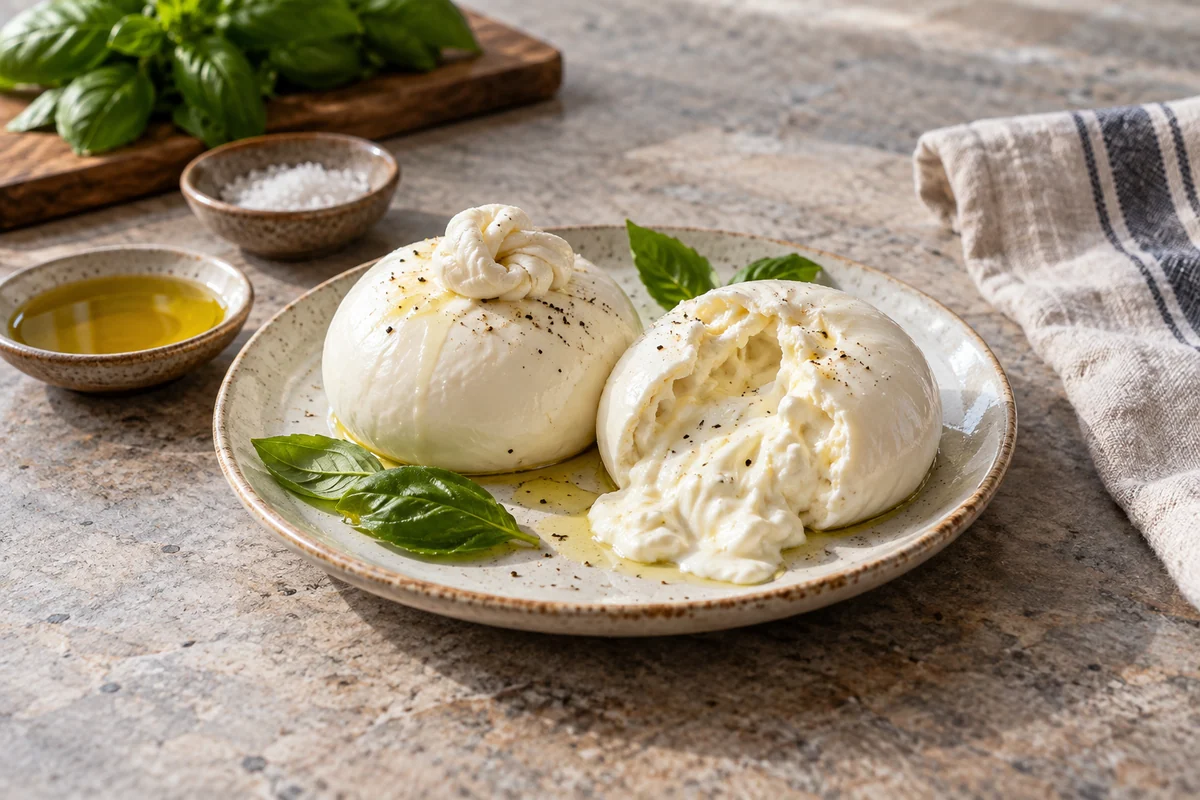 A whole burrata and a second opened burrata on a ceramic saucer, creamy strands spilling gently but remaining on the saucer, a few basil leaves nearby.