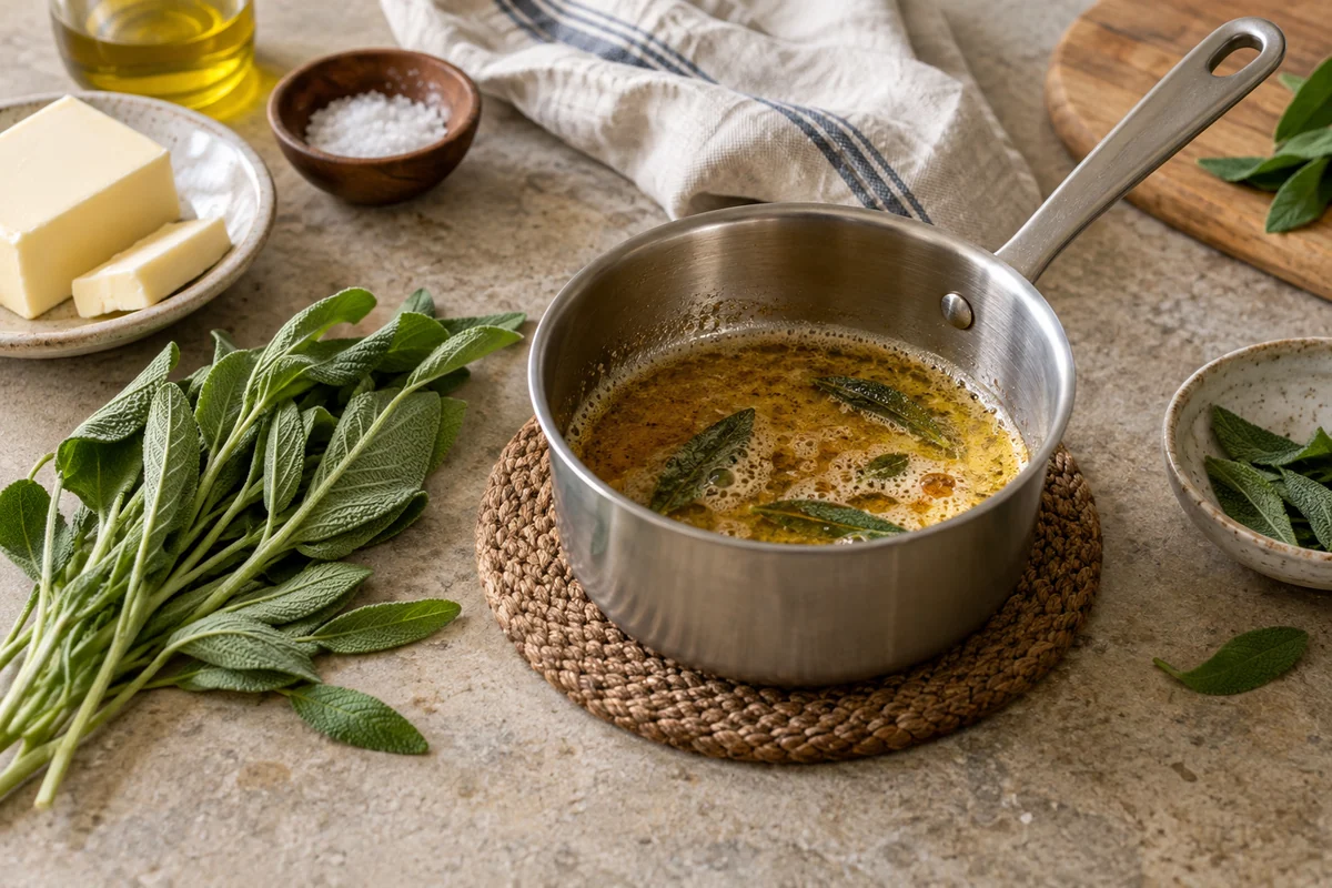 Fresh sage leaves beside a small stainless saucepan of golden browned butter with a few crisp sage leaves floating naturally in the liquid; pan rests on a trivet.