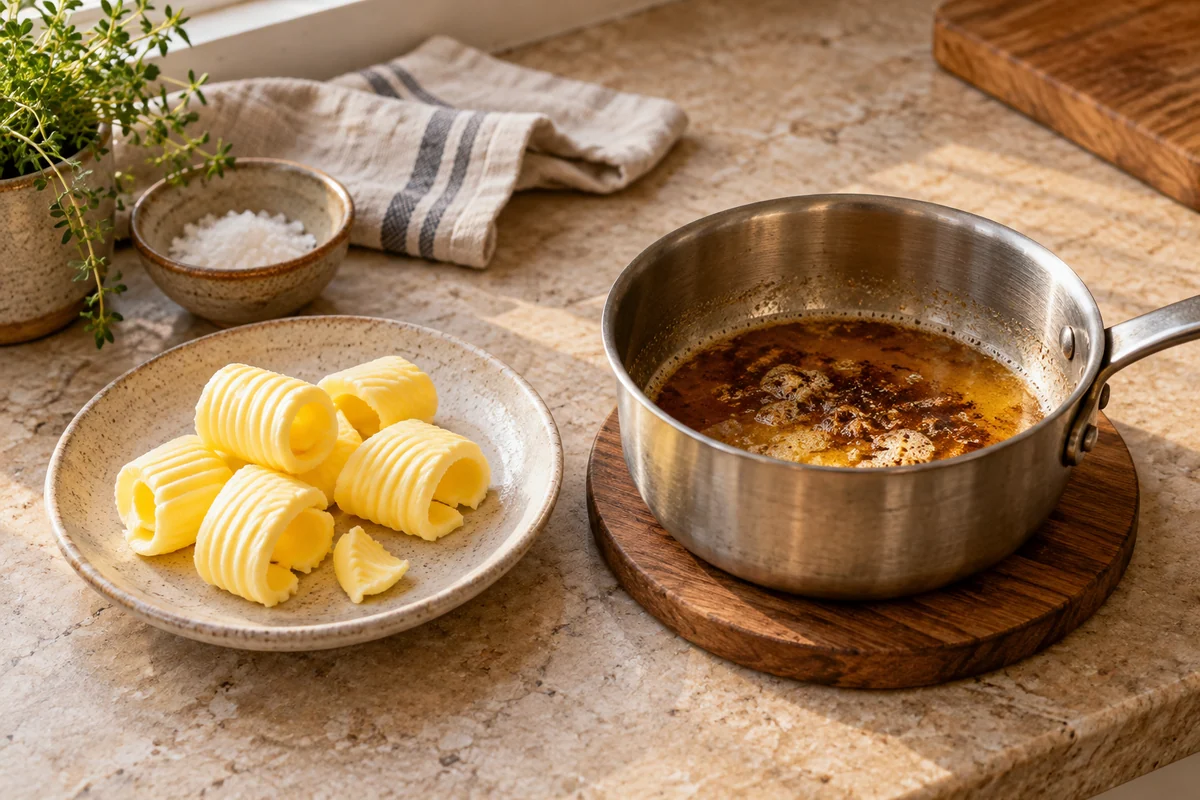 Butter curls on a ceramic dish beside a small saucepan of nut-brown butter containing a few toasted milk solids, saucepan rests on a trivet.
