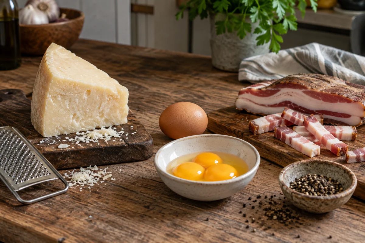 Pecorino wedge, a whole egg and a separate small bowl of golden egg yolks, guanciale strips and black pepper on a rustic kitchen table.