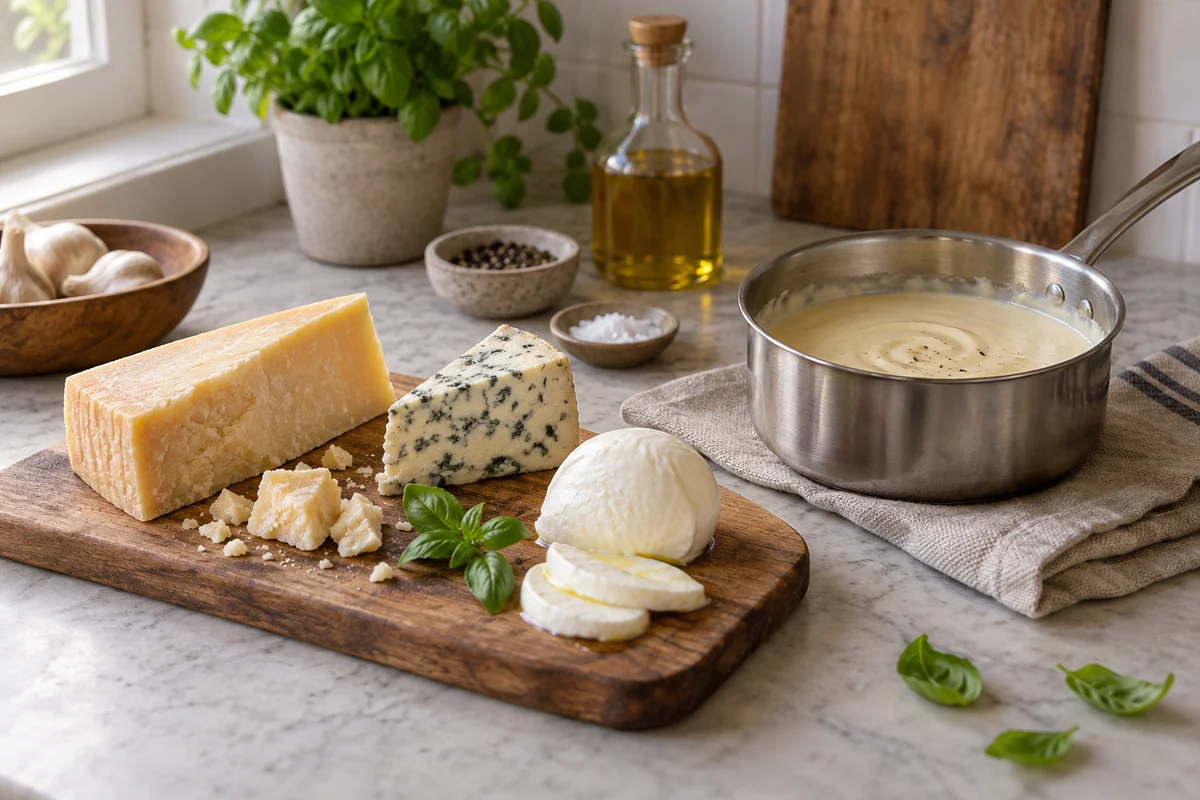 A small cheese tasting board with a hard Parmesan wedge, a modest blue-cheese wedge and soft mozzarella alongside a small saucepan of melted cheese sauce.