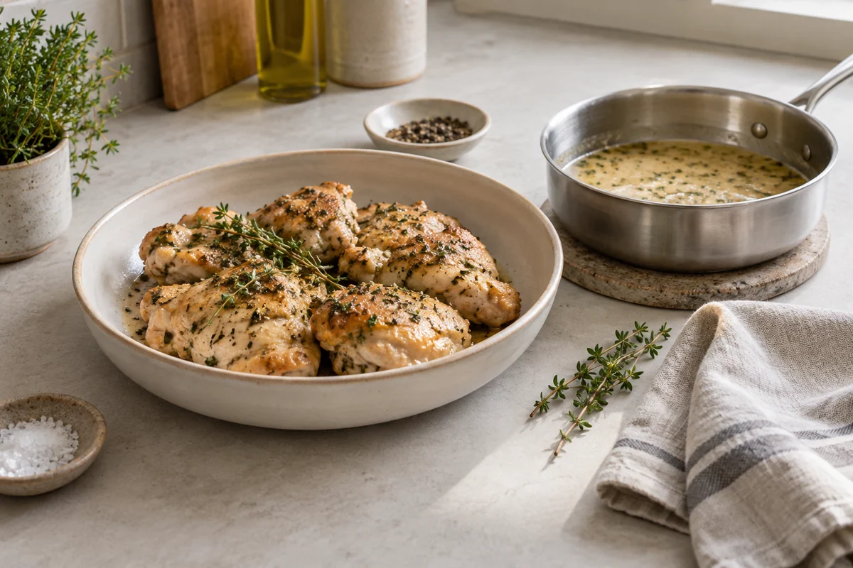 Tender cooked chicken pieces in a shallow cream ceramic dish with a small pan of light savory sauce nearby, thyme sprig and linen on a pale kitchen counter.