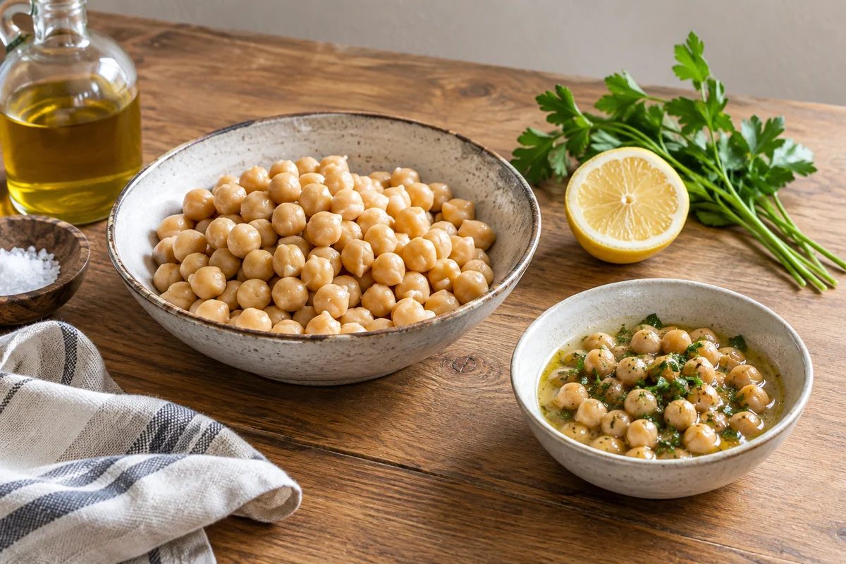 Chickpeas in a shallow bowl with a lemon half and a few parsley sprigs on the wooden worktop, a small dish of chickpeas in a light sauce nearby.