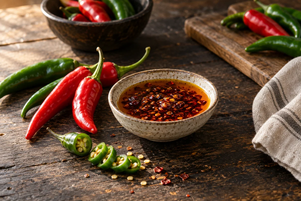 Fresh red and green chile peppers beside a small bowl of glossy chile oil with pepper flakes, a sliced chile on the counter, dark rustic wood and warm side light.