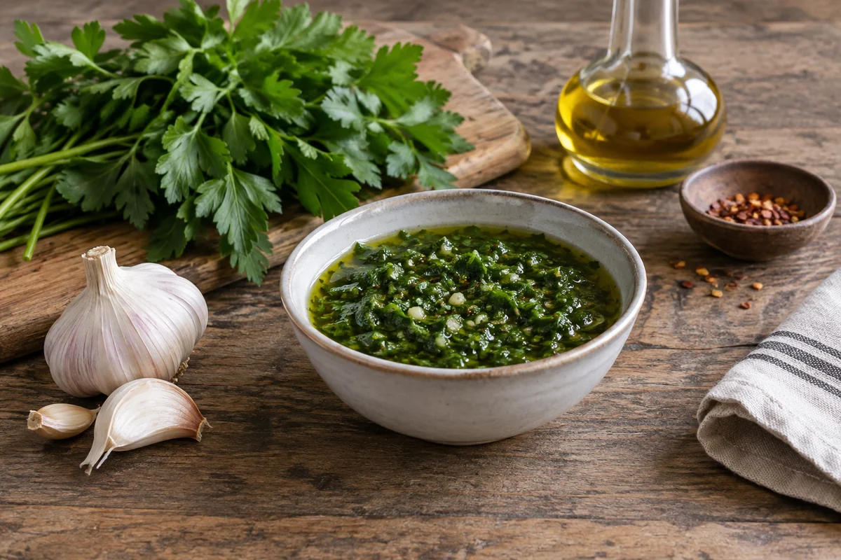 A small bowl of loose green parsley chimichurri with visible chopped herbs and oil, a garlic bulb and flat-leaf parsley alongside on a rustic kitchen table.