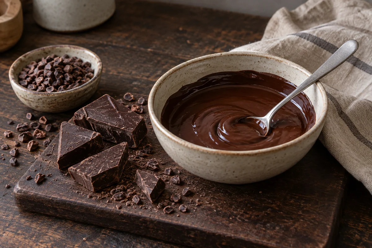 Broken pieces of dark chocolate with cocoa nibs beside a small ceramic bowl of melted chocolate, a teaspoon resting in the bowl.