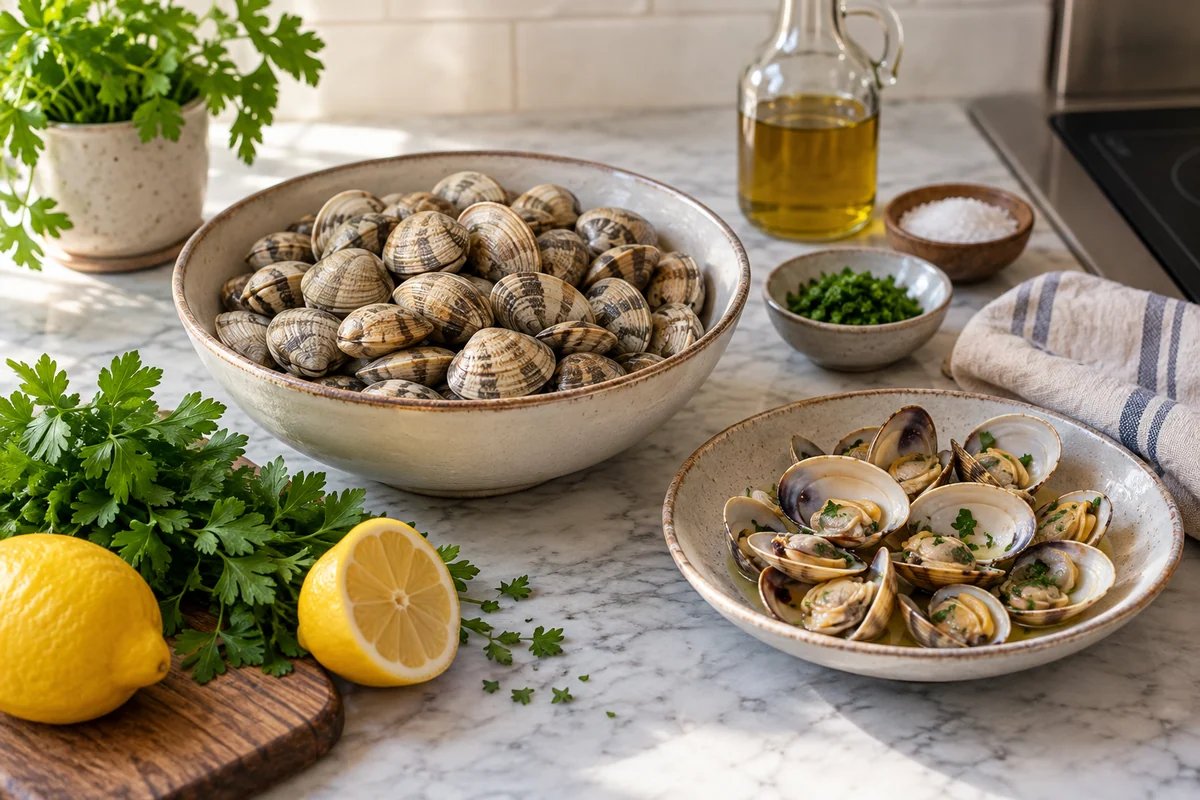 Fresh closed small clams with patterned beige shells in a ceramic bowl, several opened cooked clams on a separate saucer, parsley and lemon nearby.