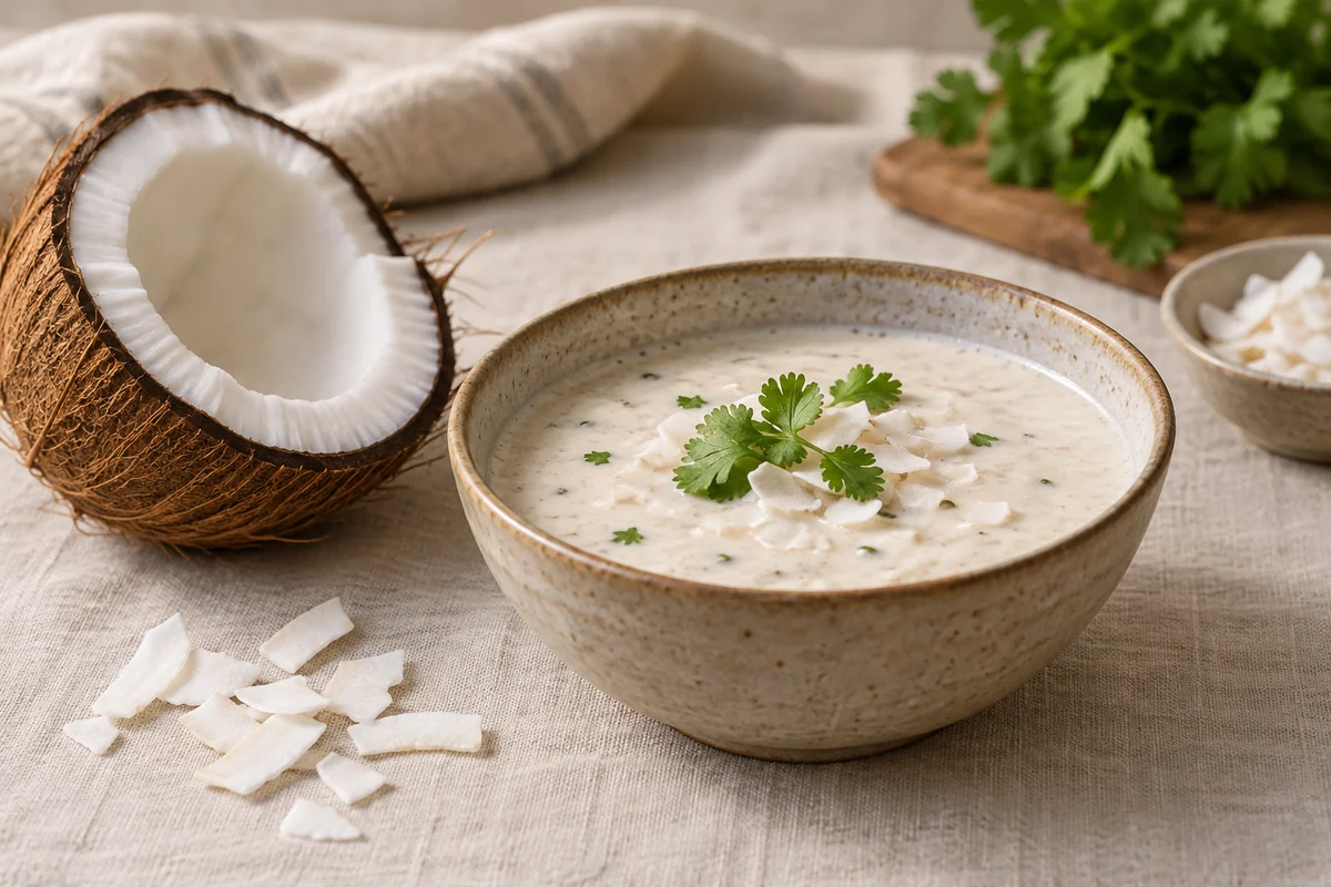 Half of a mature coconut with white flesh and brown shell beside a ceramic bowl of creamy coconut sauce, soft warm kitchen light, pale linen background, no dairy props.