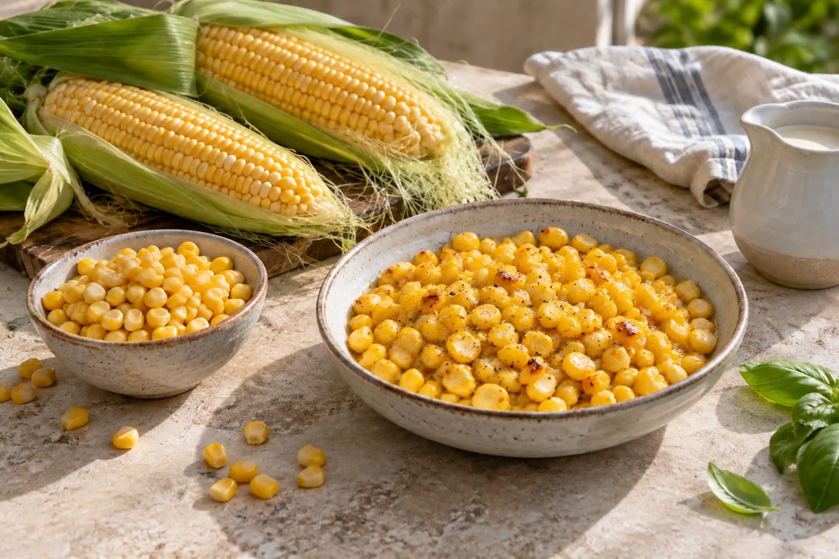 Lightly browned whole corn kernels in a shallow bowl with fresh corn on the cob nearby.