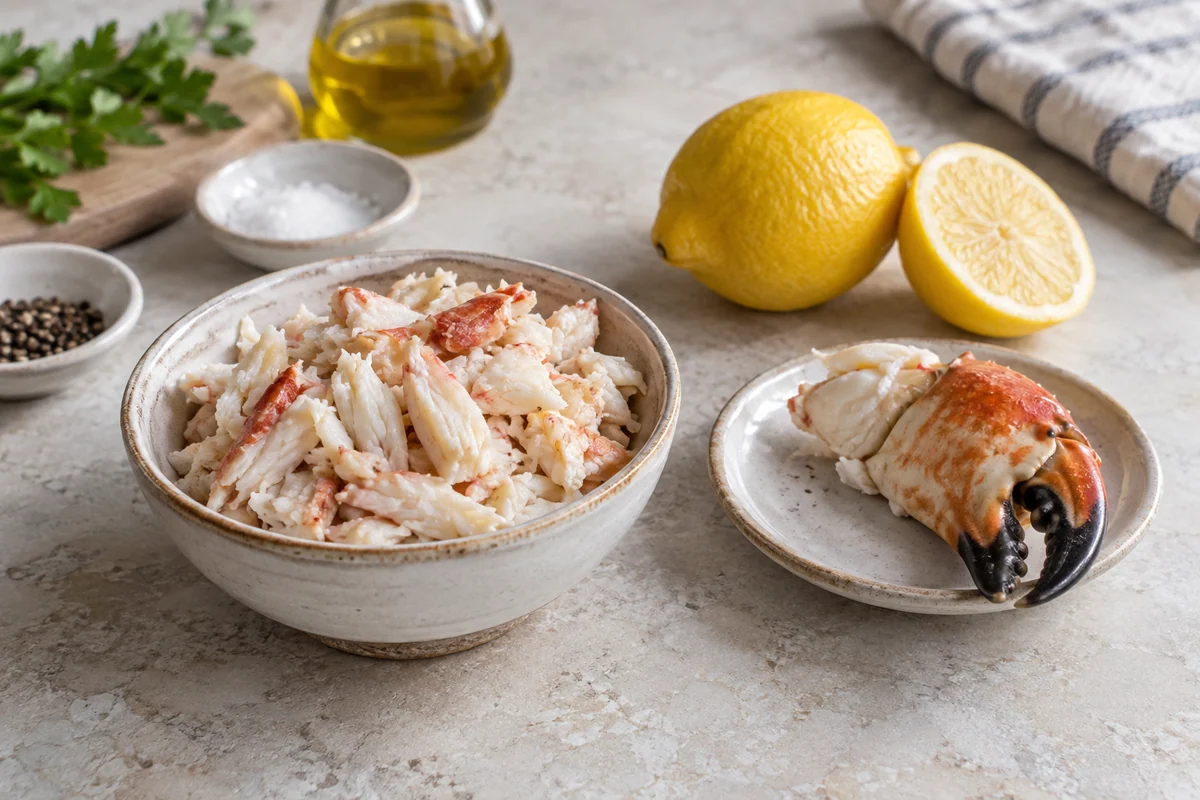Lump crabmeat in a small ceramic bowl with one cooked crab claw resting on a separate saucer and lemon beside it.