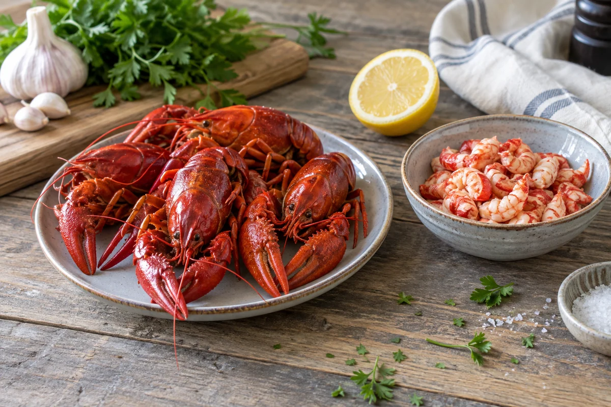 Several cooked red crawfish on a small ceramic platter and a small bowl of peeled crawfish tail meat, rustic kitchen surface, lemon half nearby.
