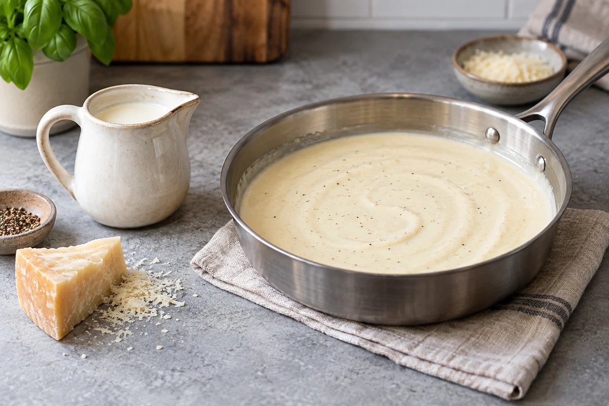 A small ceramic jug of light cream and a shallow saucepan containing silky ivory cream sauce, with a small piece of Parmesan nearby.