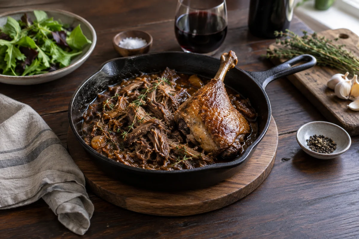 A small cast-iron pan of shredded braised duck in rich brown sauce resting on a trivet, with one golden-brown cooked duck leg alongside in the same pan.