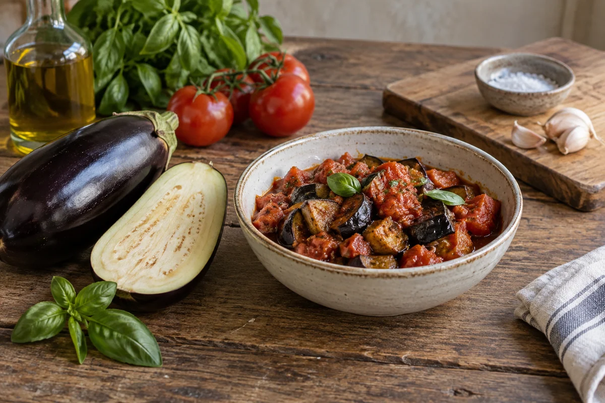 A glossy purple eggplant sliced lengthwise beside a modest ceramic bowl of roasted eggplant chunks in tomato sauce.