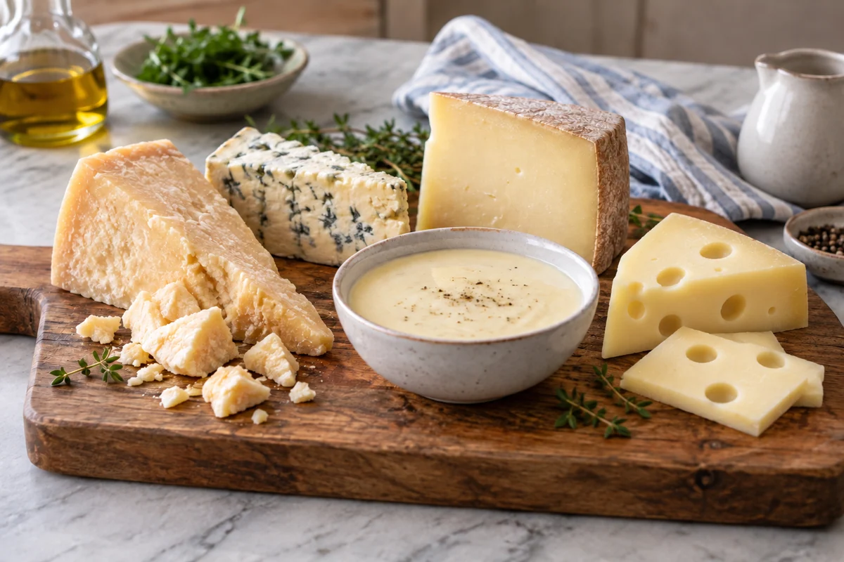 Parmesan, Gorgonzola, Fontina and Swiss cheese beside a bowl of four-cheese sauce.