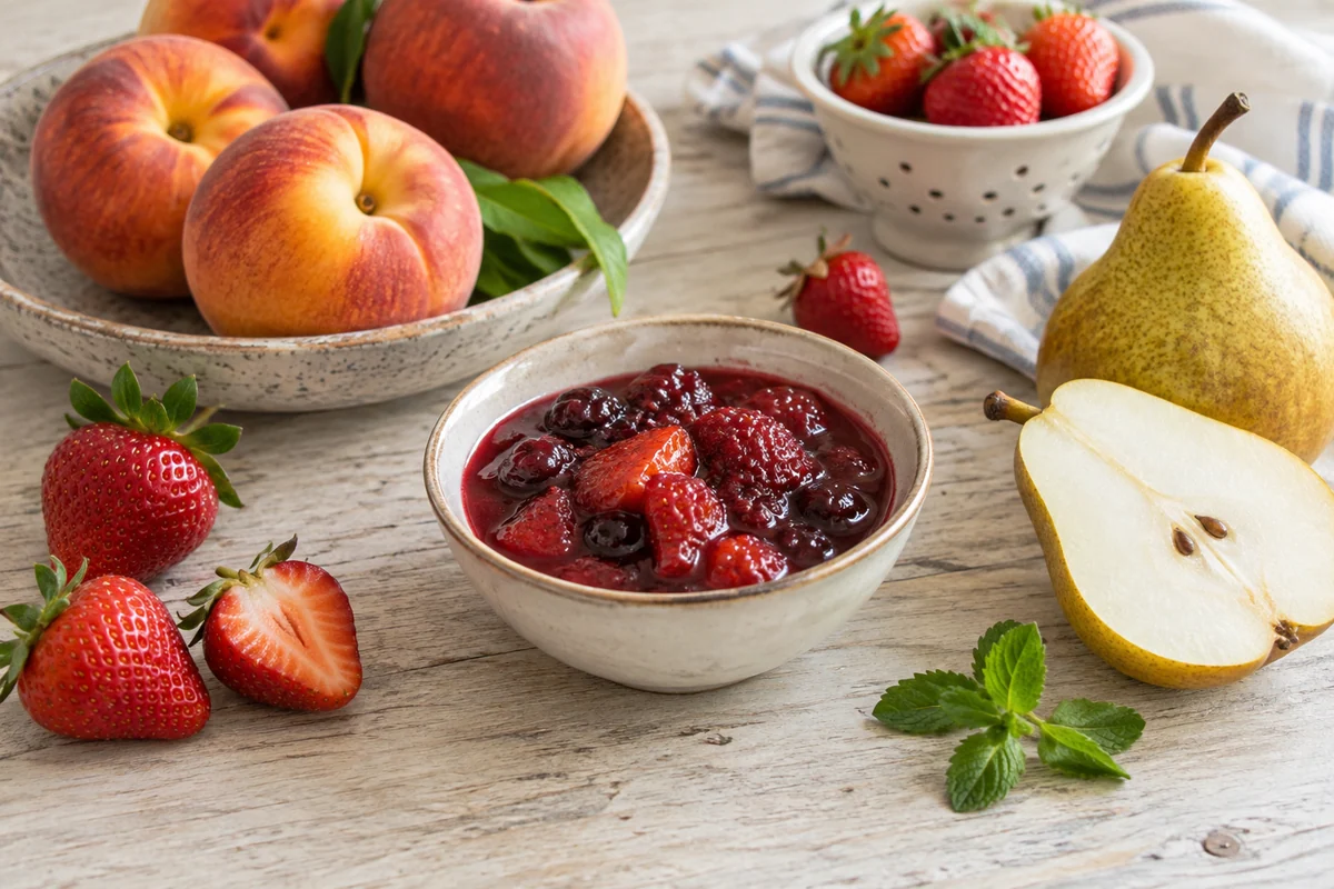 Ripe peaches, strawberries and a sliced pear around a small bowl of berry compote on a pale wooden kitchen table.