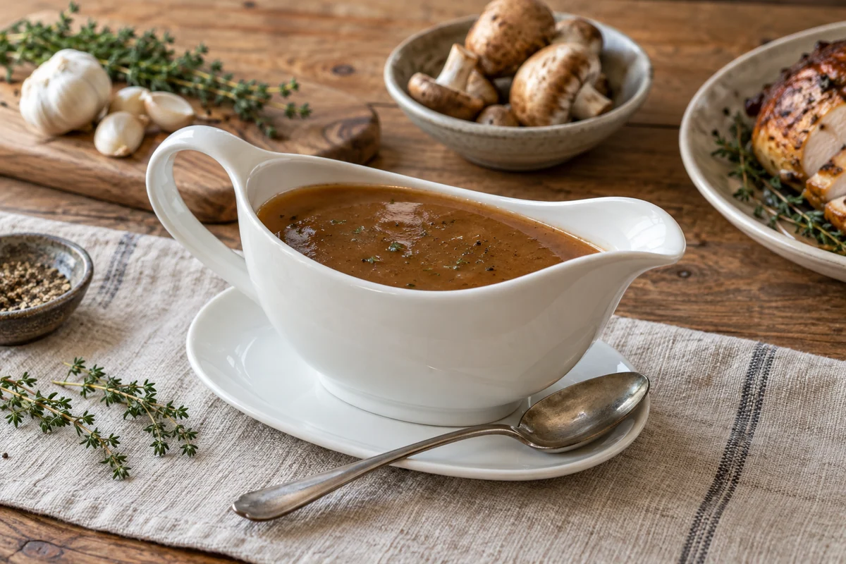 Glossy brown gravy in a simple white ceramic gravy boat with a spoon resting on its saucer, soft natural light on linen and wood.