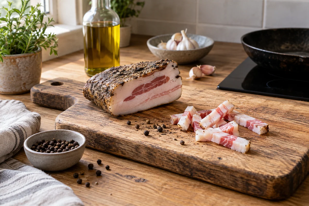 A small cured guanciale wedge with its distinct white fat and pink lean layers and a few short cut strips on a wooden board, black peppercorns scattered sparingly nearby.