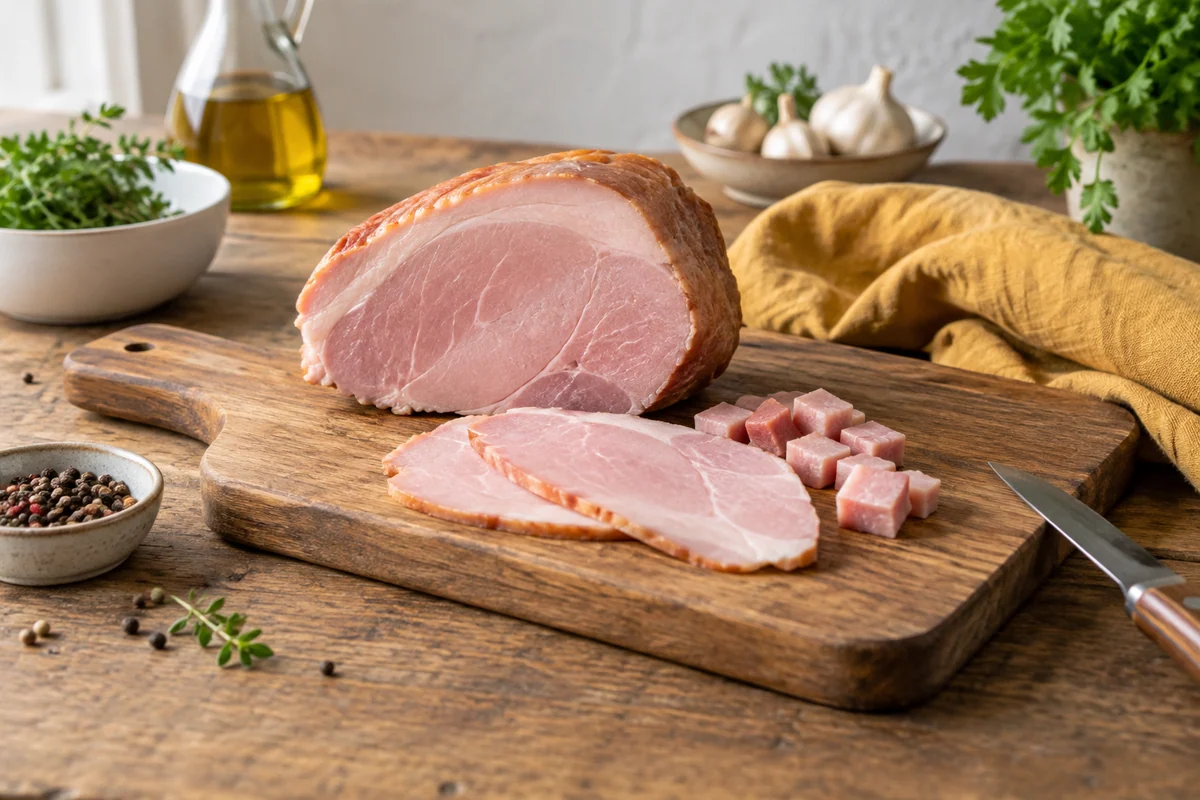A modest piece of cooked ham with two thin slices and a few small cubes on a wooden kitchen board, natural pink texture, mustard-colored linen in the background.