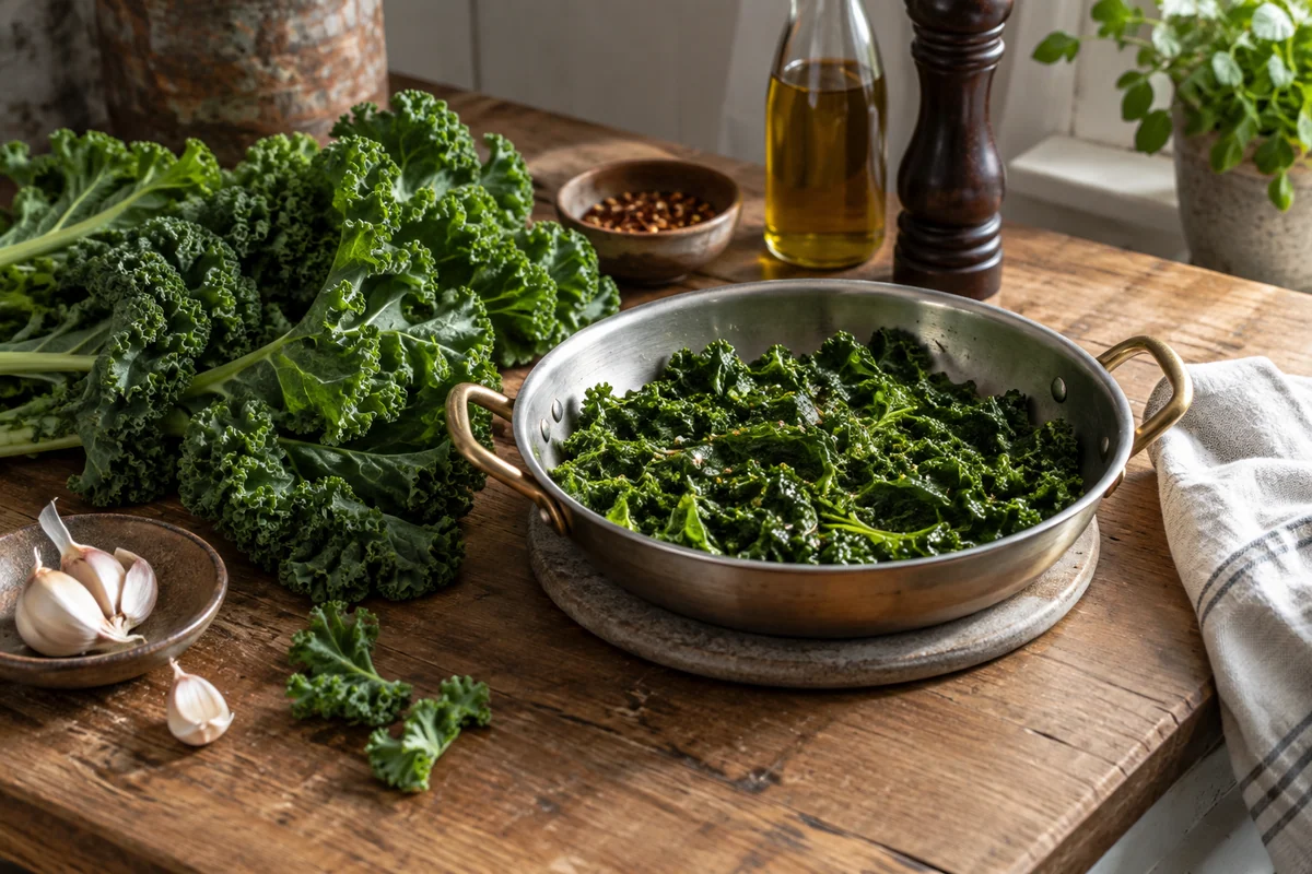 A loose bunch of curly dark green kale and a small shallow pan of wilted kale on a trivet.