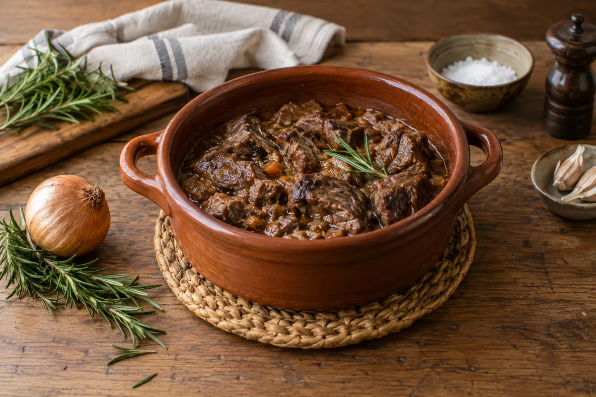 Tender braised lamb pieces in a small clay cooking pot on a trivet with rosemary sprigs and a small onion nearby.