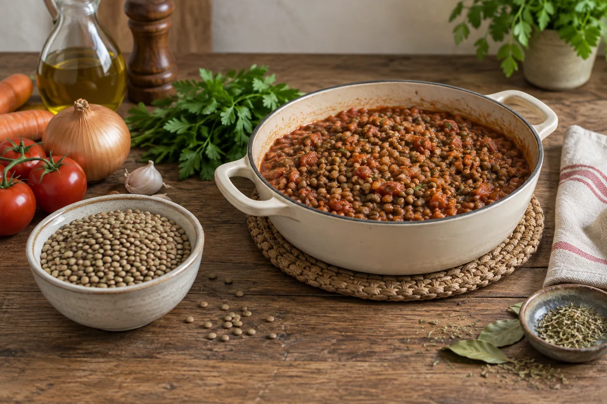 Green-brown lentils in a small ceramic bowl and a shallow pot of cooked lentils in a light tomato sauce on a trivet.