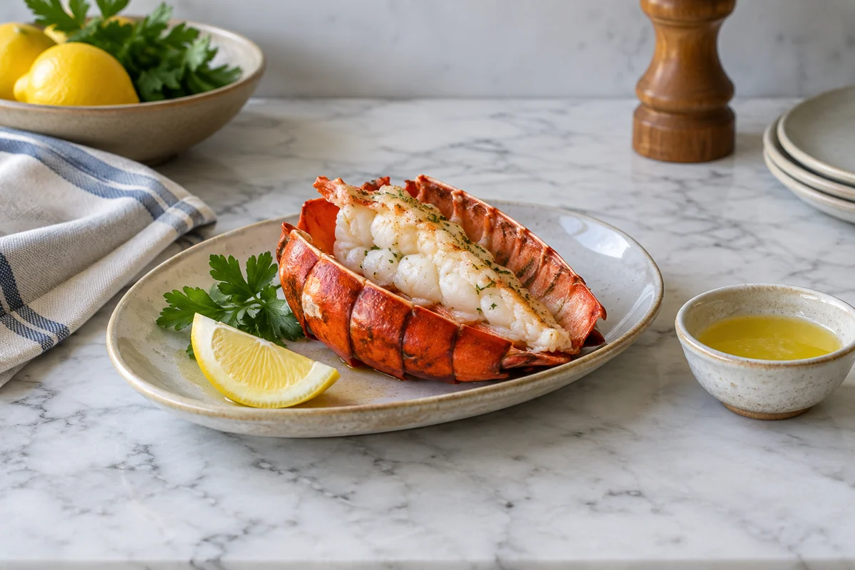 A cooked lobster tail split to show white meat with red edges on a small ceramic platter beside a modest butter dish.
