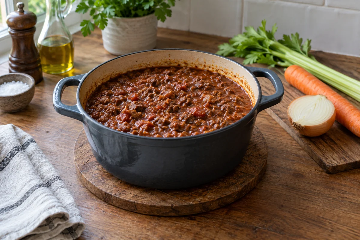 A small heavy pot of thick beef tomato ragù on a wooden trivet, with a carrot, half onion and celery stalk resting on the counter behind it.