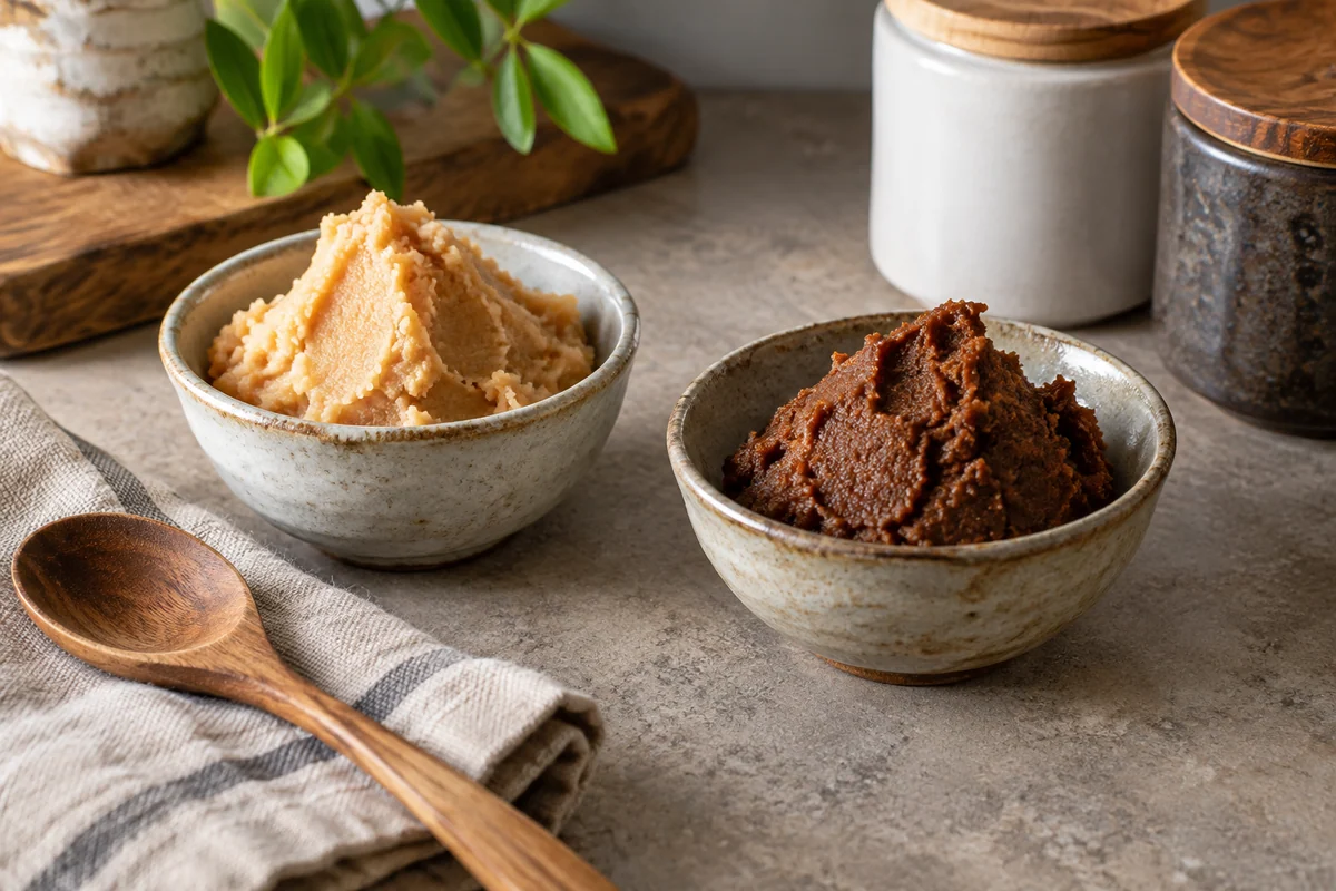 White and red-brown miso pastes in two small ceramic bowls, their dense grainy textures clear, a wooden spoon resting on a folded linen cloth.