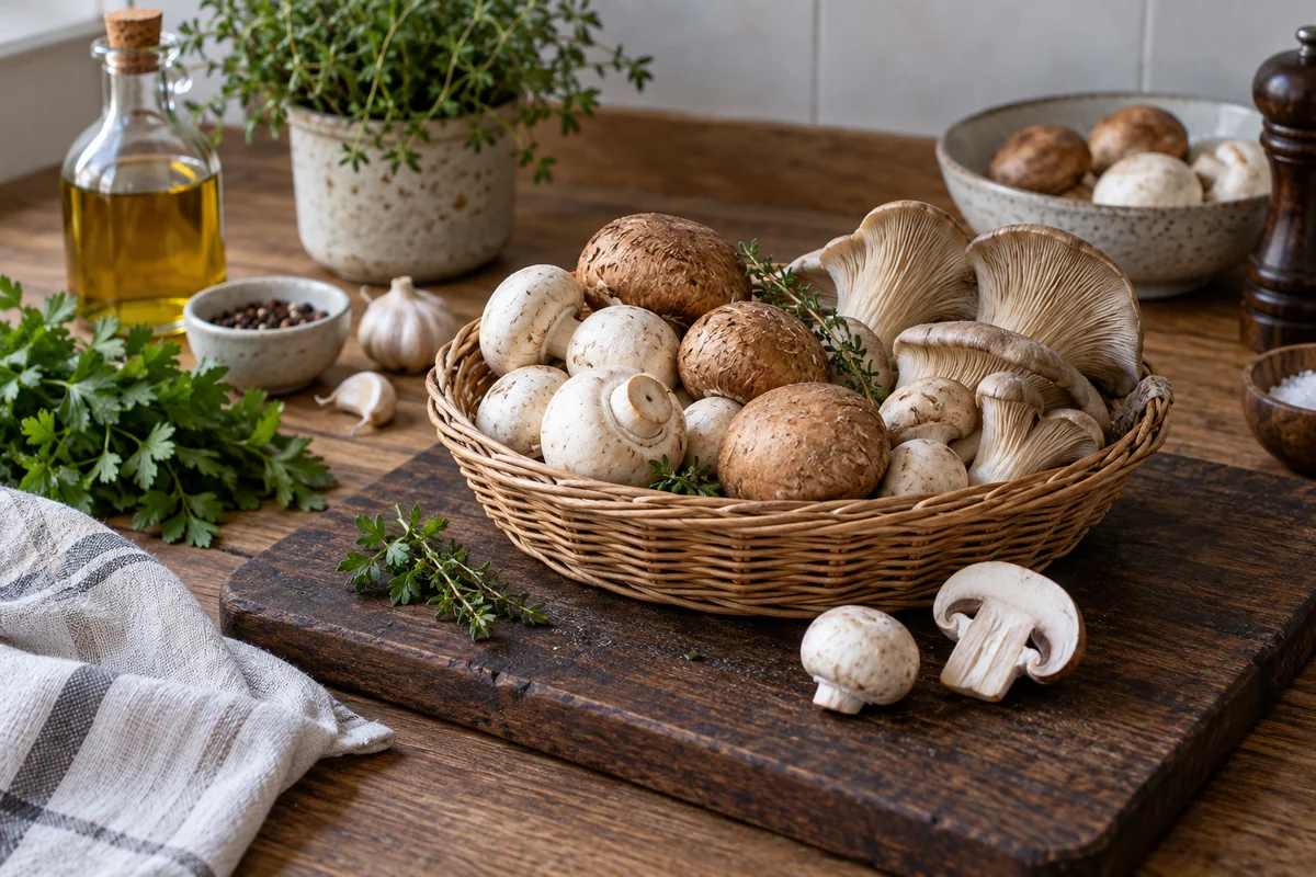 A modest mixed arrangement of fresh button, cremini and oyster mushrooms in a shallow wicker basket with one halved mushroom on a dark wooden kitchen board.