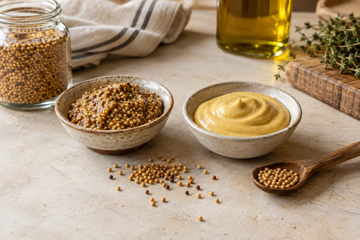 A small ceramic bowl of coarse whole-grain mustard beside another of smooth Dijon mustard, a few mustard seeds on a pale kitchen board.