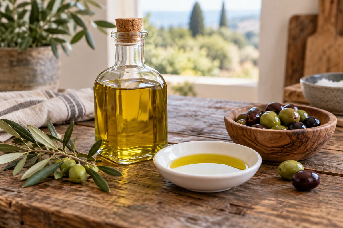 Golden extra-virgin olive oil in a small clear bottle and shallow white dipping bowl, olives and a modest olive twig on a rustic wooden table.