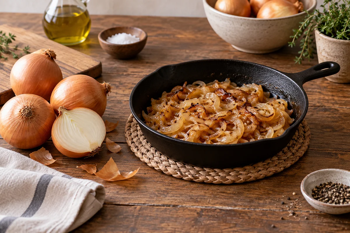 Golden onions with one cut through its center and a small skillet of soft caramelized onion ribbons resting on a trivet.