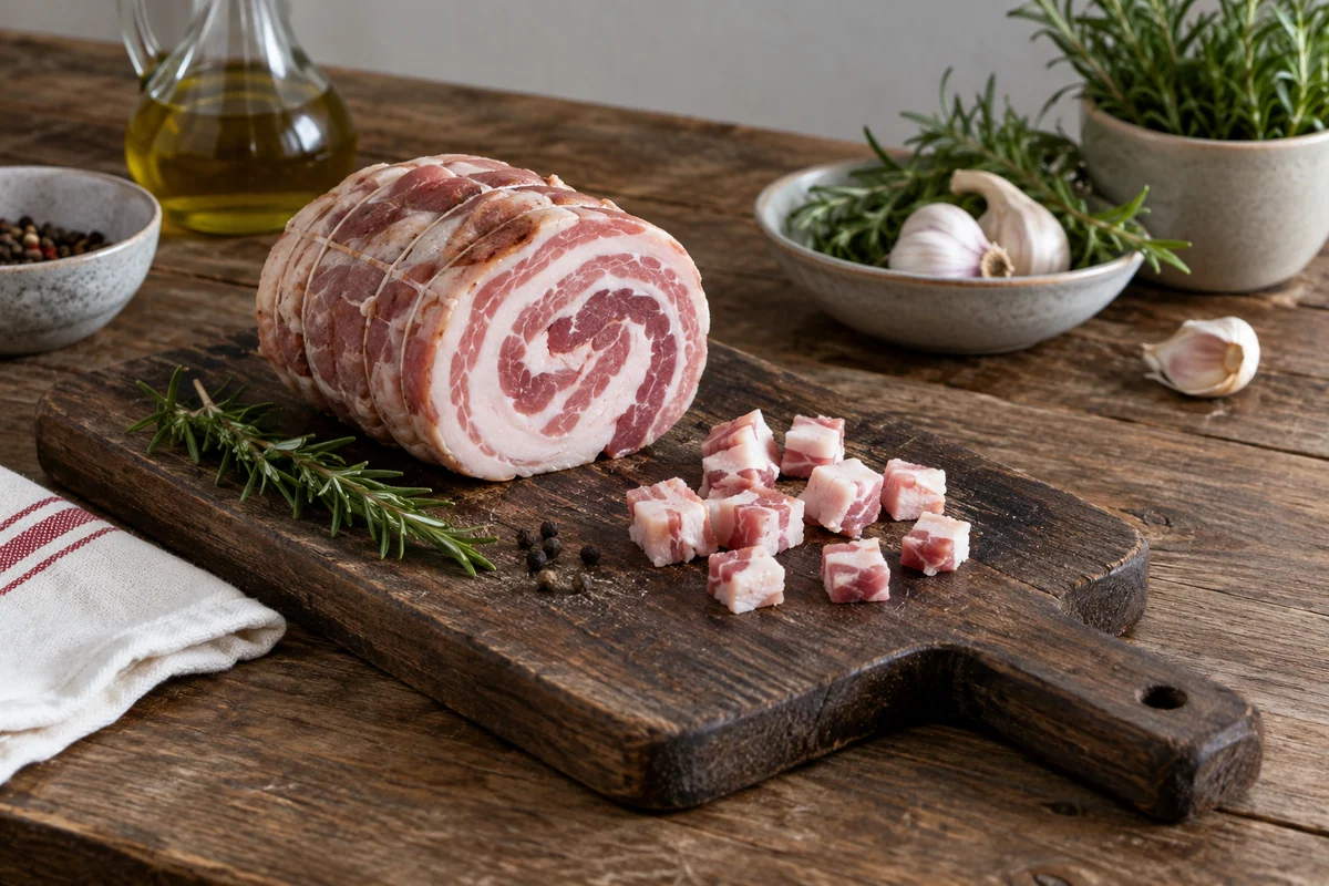 A modest rolled pancetta piece with a sliced spiral cross-section and a few small pale-pink cubes on a dark wooden board.