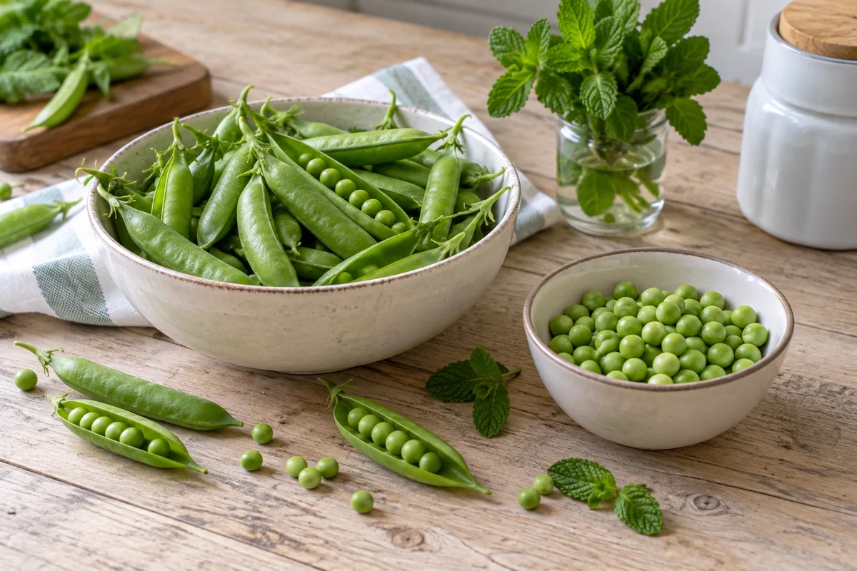 Fresh green peas in open pods with a small bowl of shelled peas and mint leaves on a pale wood kitchen surface.