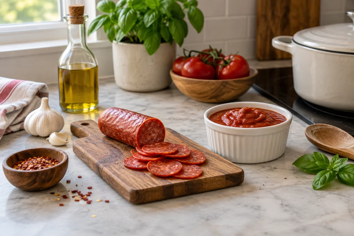 A short piece of pepperoni with several thin red slices on a small wooden board beside a modest ramekin of red tomato sauce, relaxed American kitchen mood.