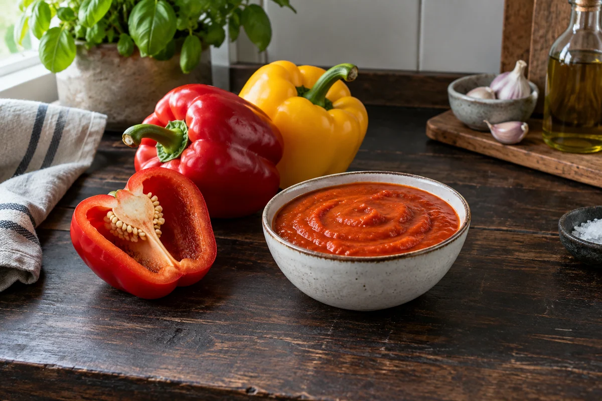 Red and yellow bell peppers, one split to reveal seeds and pale ribs, beside a small bowl of smooth roasted red pepper sauce on a dark wooden counter.