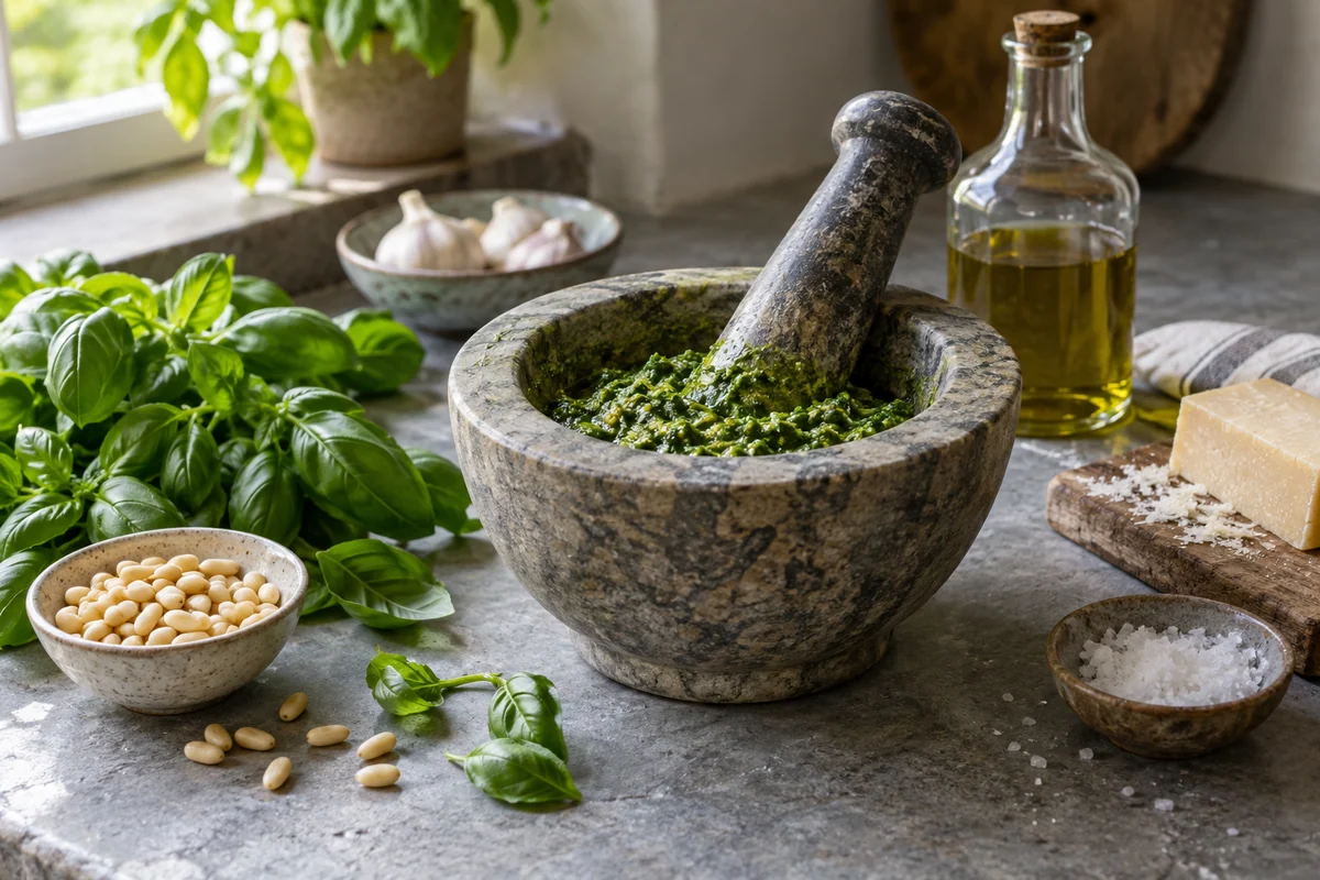 A well-used stone mortar holding coarse green basil pesto, its pestle resting visibly inside the mortar, fresh basil leaves and a few pine nuts on the counter.
