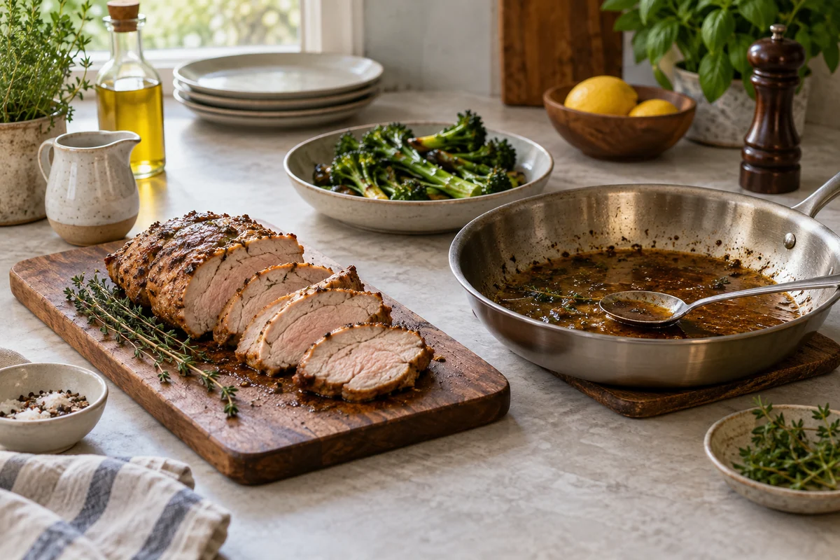 Slices of tender cooked pork on a small wooden board beside a shallow pan of glossy pan juices, warm everyday kitchen scene.